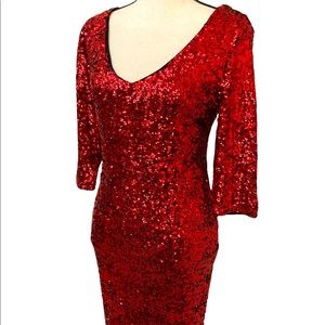NWT METAPHOR Red Sequin Embellished Midi Fitted Dress Size Small
